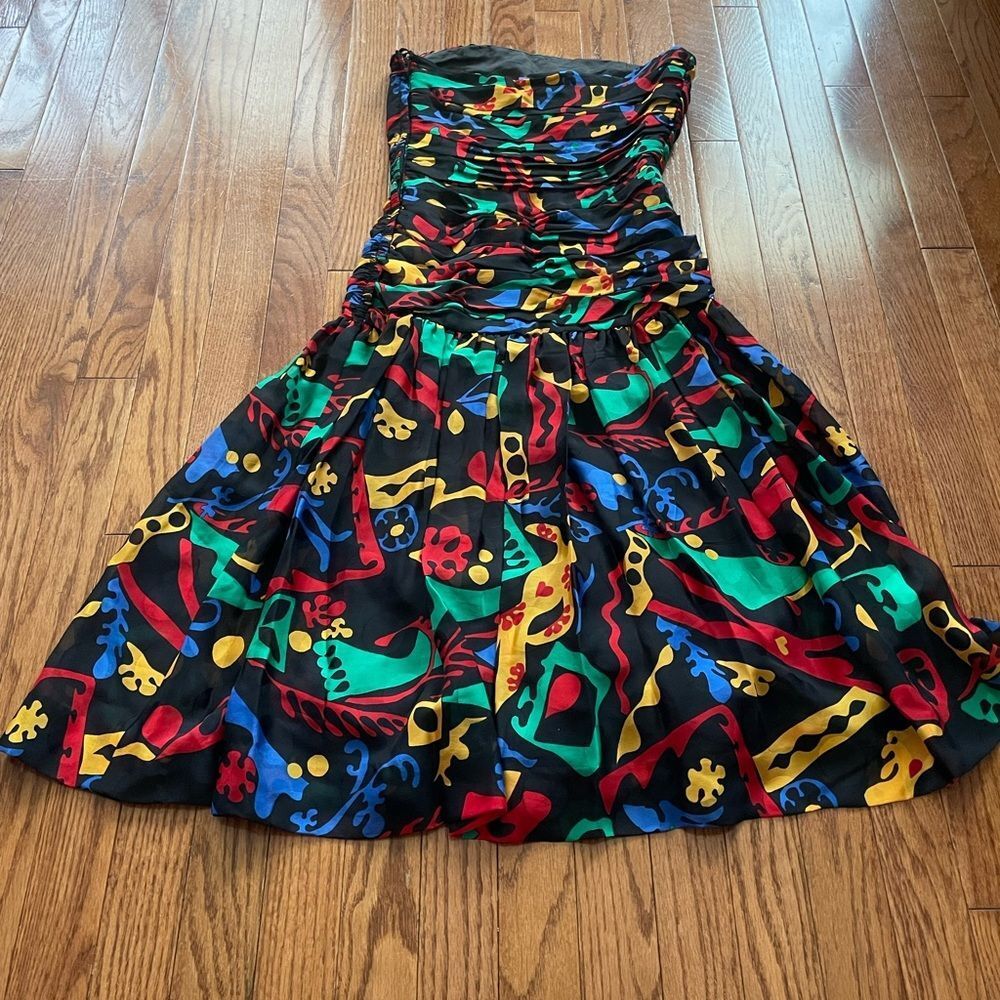 Albert Nipon Vintage 80s Strapless Print Black Dress 100% Silk Sz 6 - Picture 2 of 9